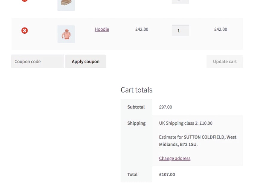 cart with a hoodie and belt and shipping cost of 10