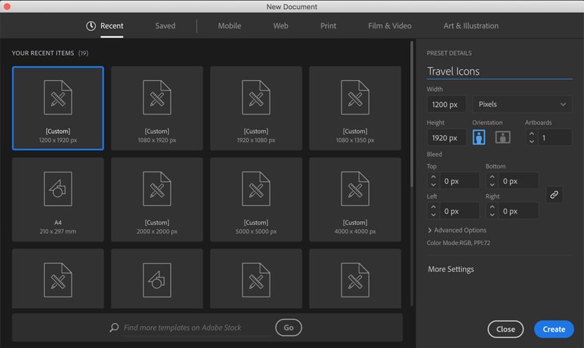 Creating new document in Adobe Illustrator
