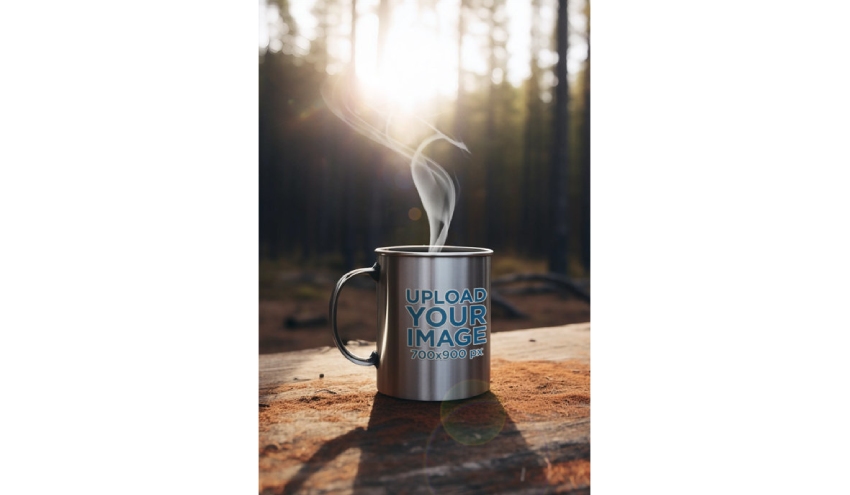 Outdoor Mockup Featuring an AI-Created Aluminum Mug Placed on a Wooden Surface