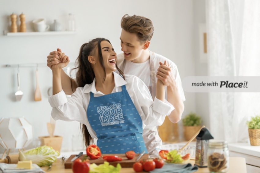 Apron Mockup of a Couple Cooking