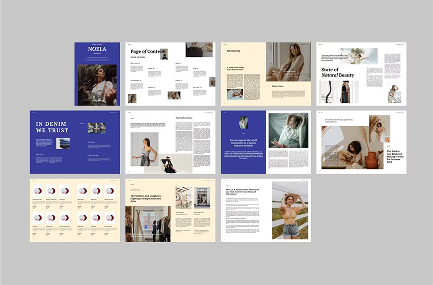 This Fashion Magazine Spread Example uses this technique to create beautiful spreads that extend titles and photos across both pages.