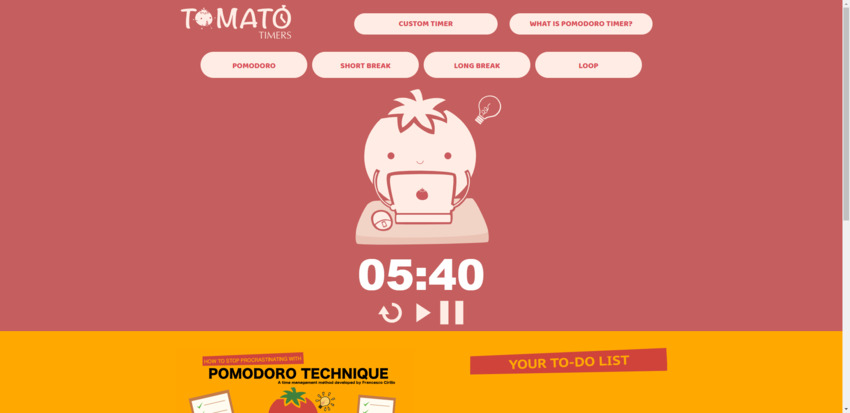 A screenshot from inside the Tomato Timers browser app. It shows a ticking clock, letting the user know how many minutes remain before their break.