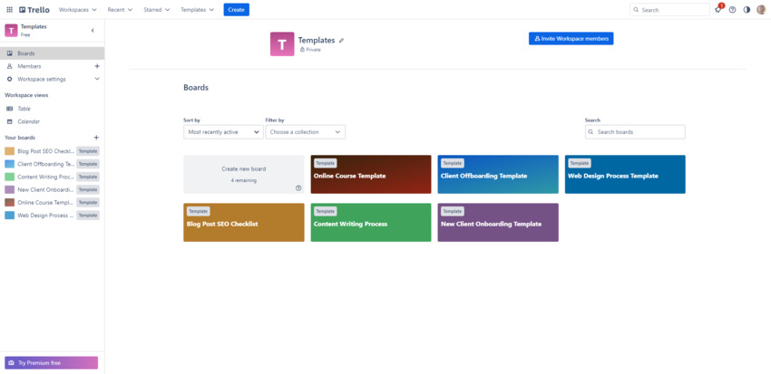 A set of custom templates have been created and saved in Trello for various processes, like client onboarding, client offboarding, web design, and content writing.