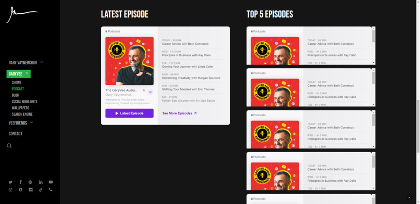 The most recent episodes from the Gary Vaynerchuk podcast are shown