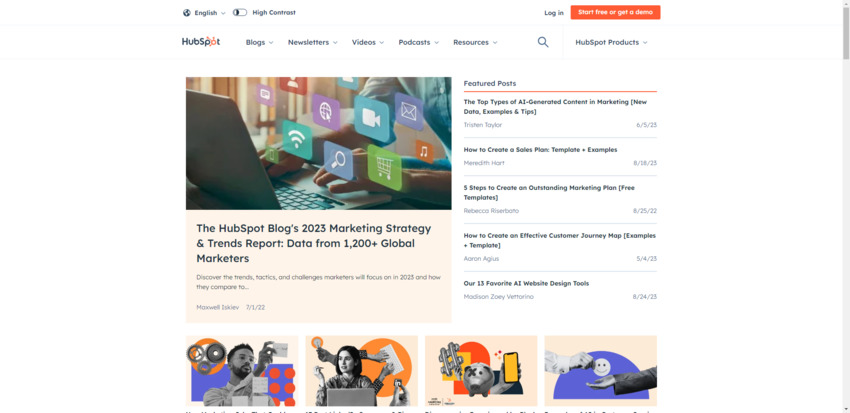 This is the main page for all of the HubSpot blogs. Users can narrow down their search by going to one of the specific content hubs for Marketing, Sales, Service, Website, the Hustle, or AI