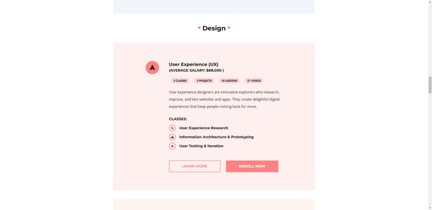 A description of the User Experience design course offered by Skillcrush includes information on the course material and earning potential of the professionals who complete it