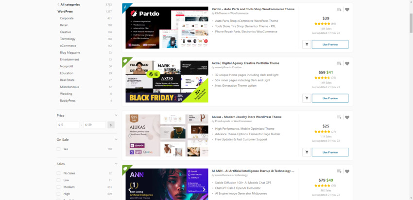 A screenshot from the search results page on ThemeForest. It shows the newest bestselling themes for WordPress.
