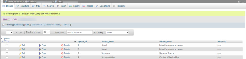 In PHPMYADMIN, your database will list all of the table details in it. Look for the one called siteurl.