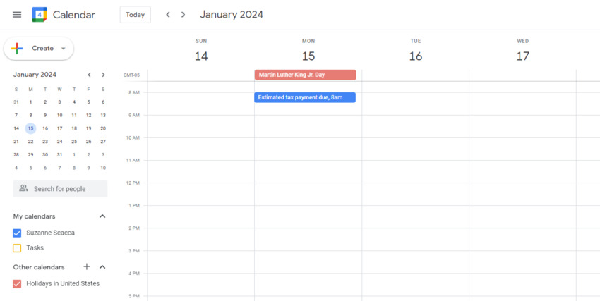January 15 has a note that reads "Estimated tax payment due" in Google Calendar