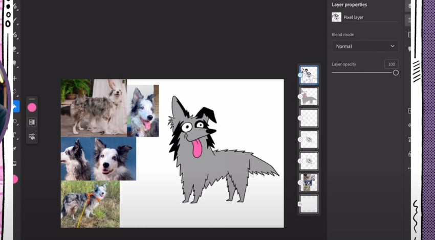 Adobe Fresco tutorials​: Sketch of Emma the Border Collie with color.