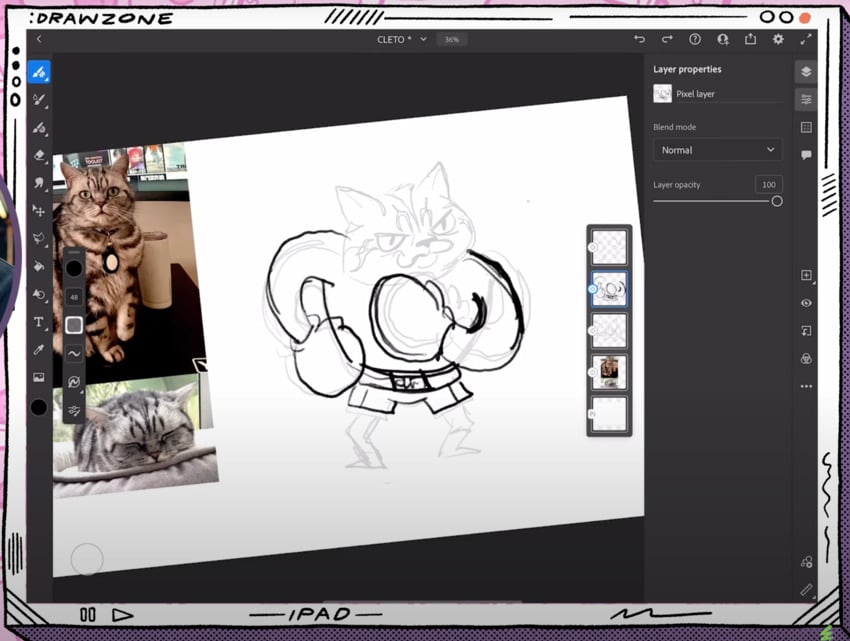 Adobe Fresco artwork: refine the sketch of Cleto the cat.
