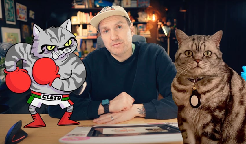 Adobe Fresco art: Cleto the cat as a boxer vs the original picture.