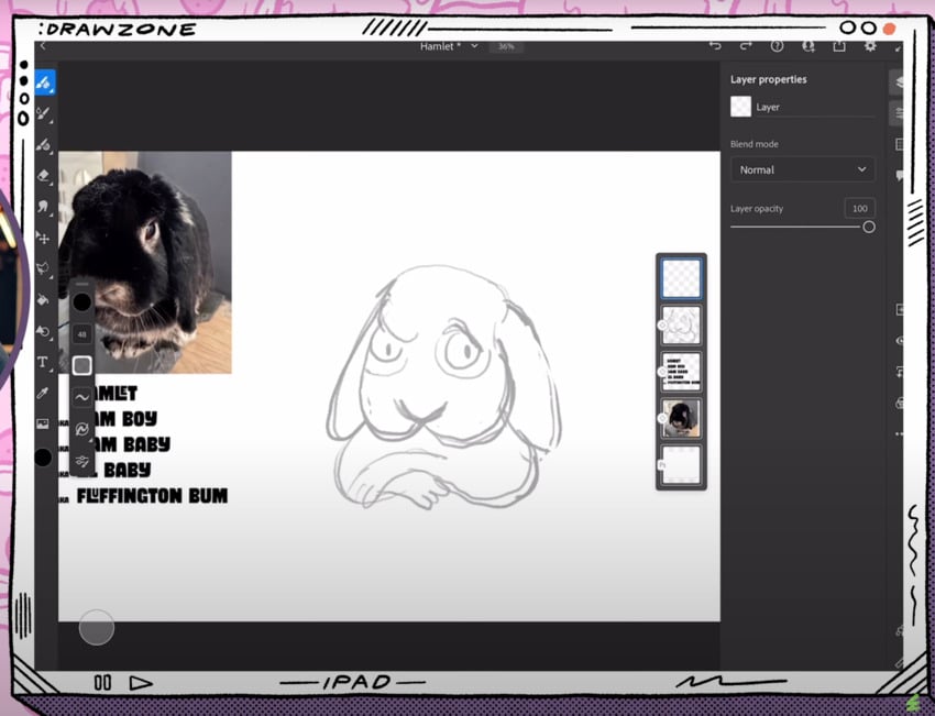 Chris Piascik drawing pets: sketch of Hamlet the bunny.