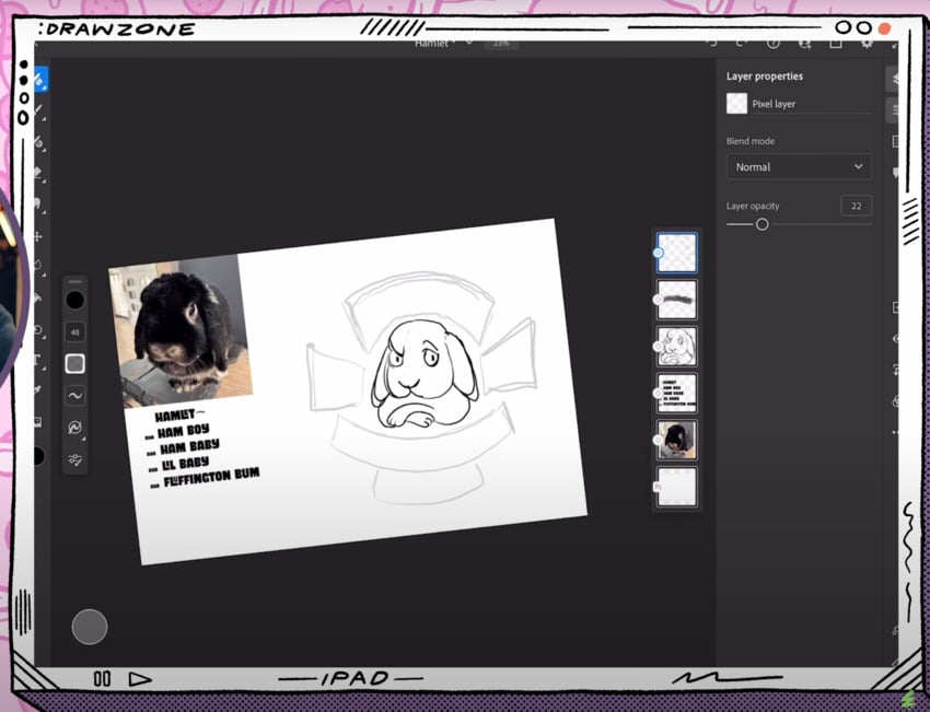 Chris Piascik drawing pets: sketch of Hamlet the bunny with shapes for the lettering.