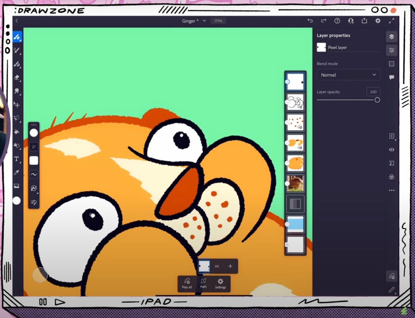 Using Adobe Fresco to animate: give Ginger the staring-into-the-void look.