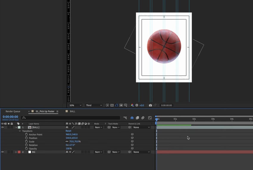 After Effects for graphic design: Use the transform tools to place the ball as desired.