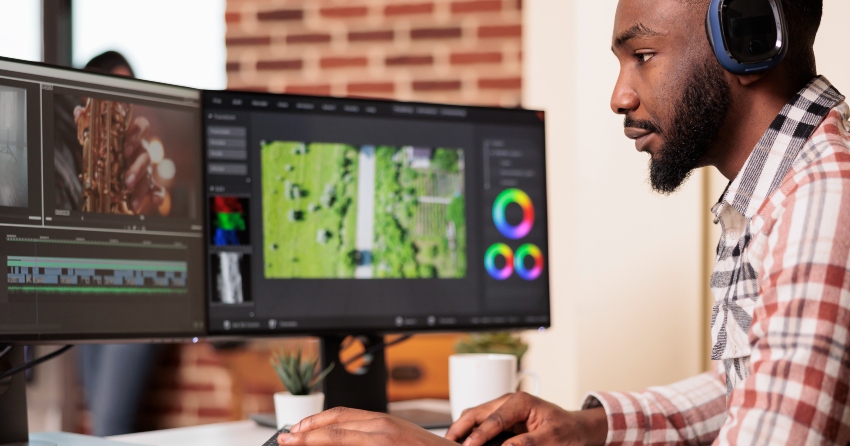 Image of filmmaker editing audio film montage from Envato Elements.