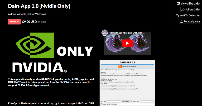 Dain App site image: Specializing in AI video frame interpolation.