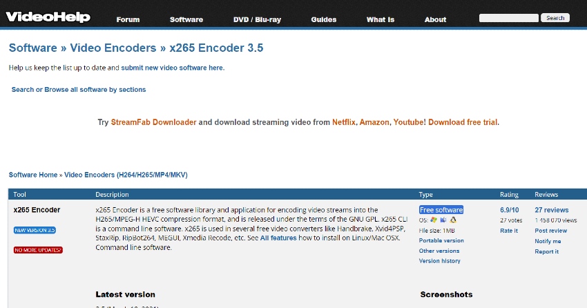Website snapshot of x265 Video Encoder with AI frame interpolation plugin.