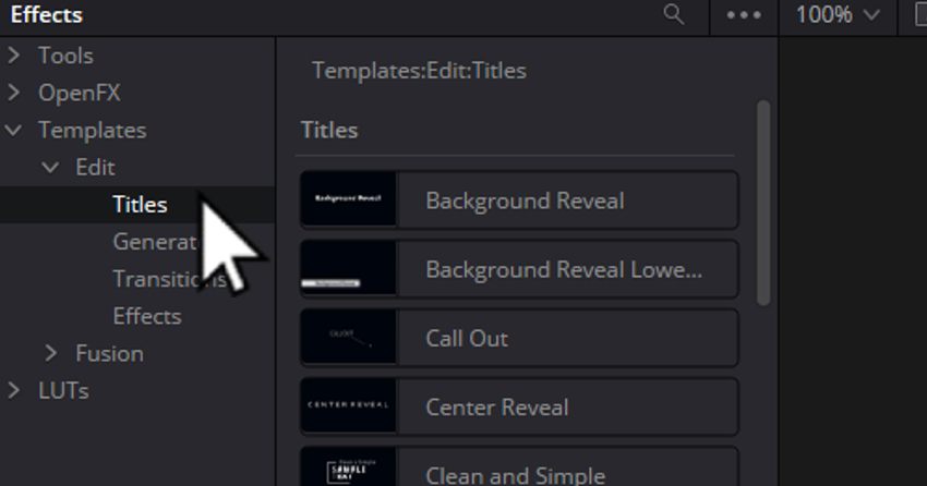 User accessing Title section of Effects Menu for article on how to use DaVinci Resolve templates.