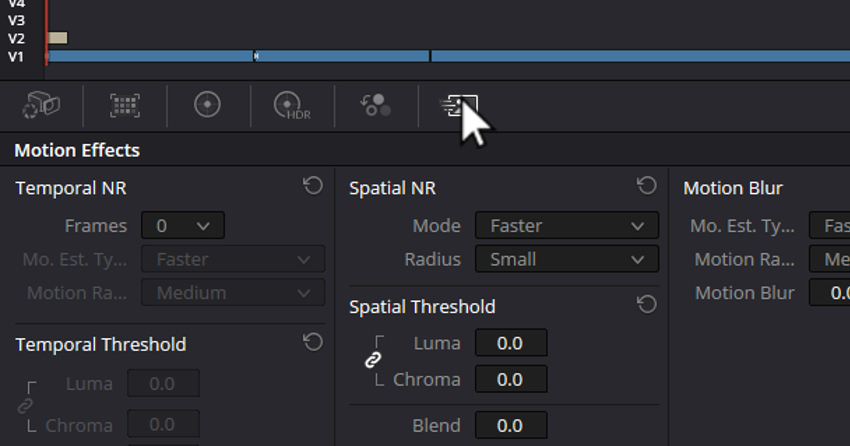 User Secting Motion Effect Options Menu for noise reduction in DaVinci Resolve.