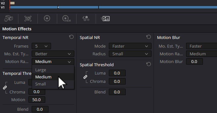 User setting Motion range to Medium for how to denoise footage in DaVinci Resolve.