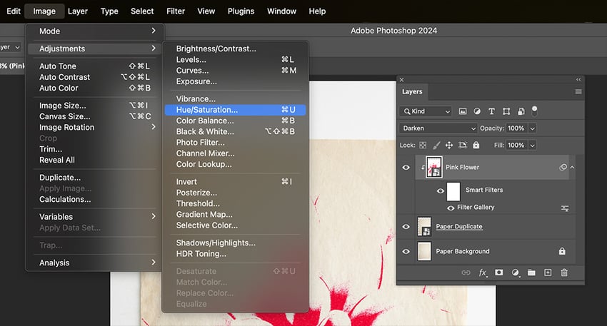add a hue and saturation adjustment to change the ink color in the gel print