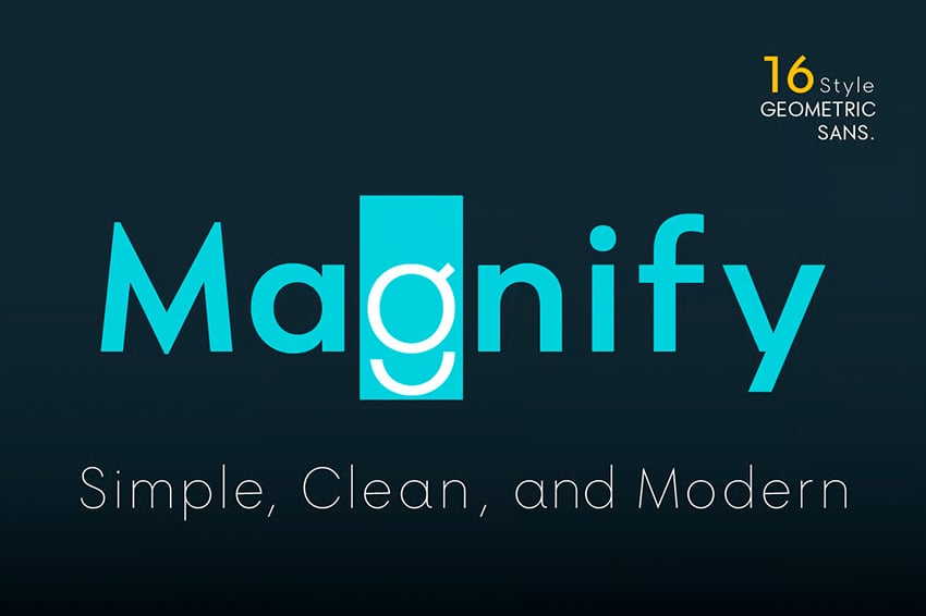 Magnify geometric sans font similar to Bauhaus with 16 clean modern styles