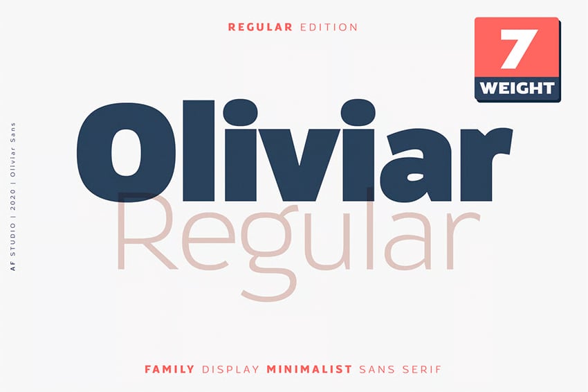 Oliviar regular sans serif font similar to Bauhaus with seven minimalist weight options