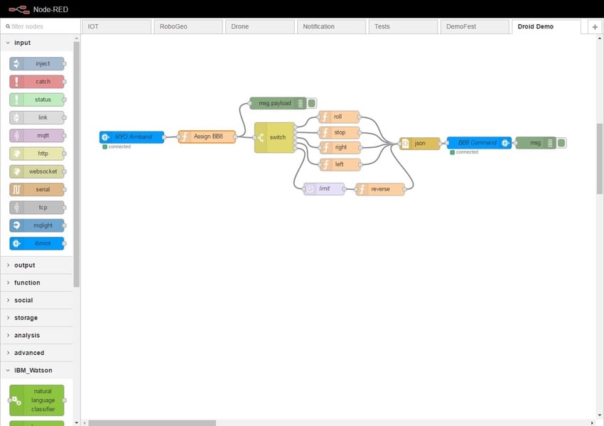 IBM Bluemix IoT Arm Gestures - NodeRED Visual Wiring Editor