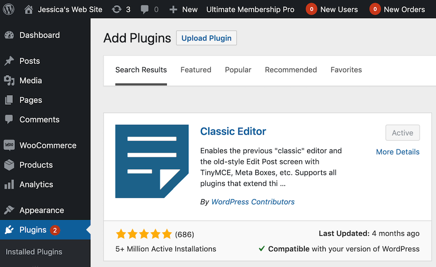 Head over to the Add Plugins page and search for the Classic Editor plugin