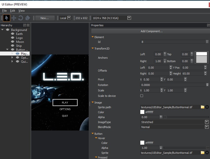 UI Editor with loaded canvas - Hierarchy and Properties pane