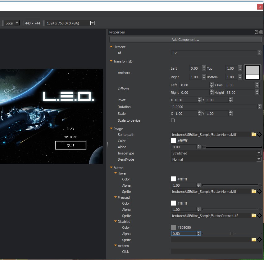 UI Editor with loaded canvas - Properties pane - Button selected