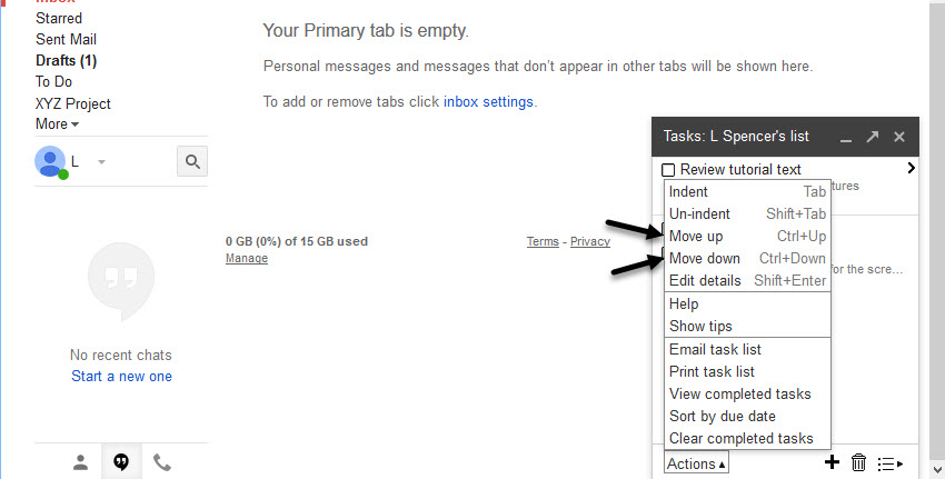 Actions drop-down menu