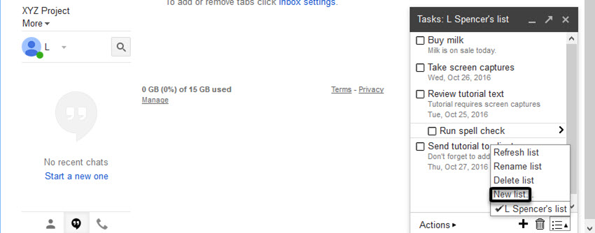 List popup menu with New list option