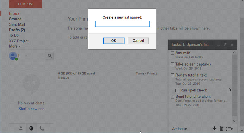 New List dialog box