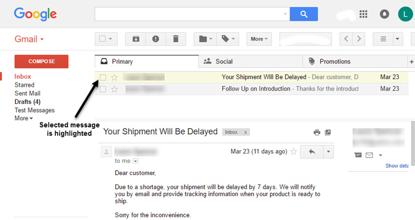 Gmail preview pane with horizontal split