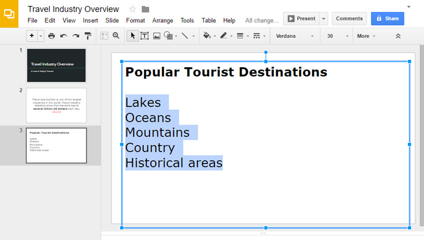 Google Slides Presentation List Text selected