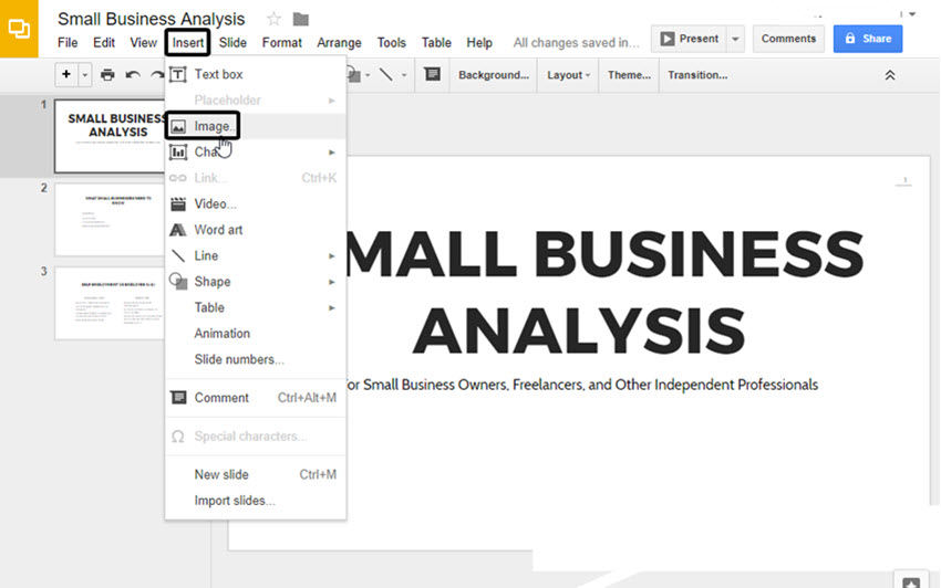 The Insert Drop-Down Menu in Google Slides
