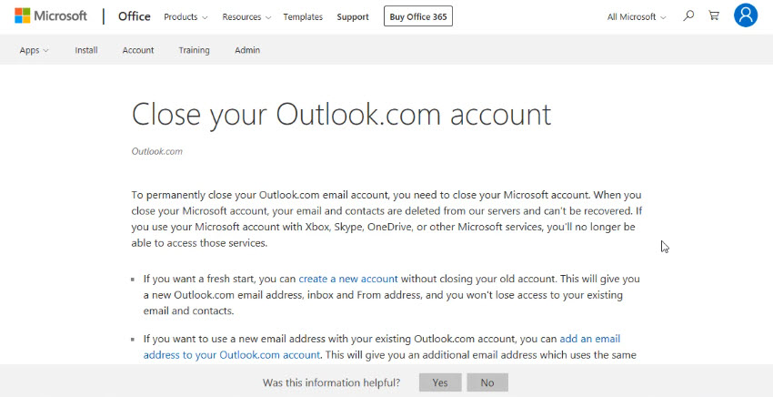 microsoft account closure page