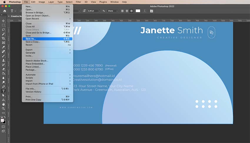 Exporting the business card design.