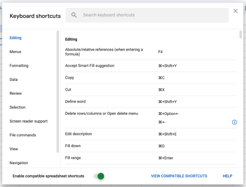 Google Sheet shortcuts list