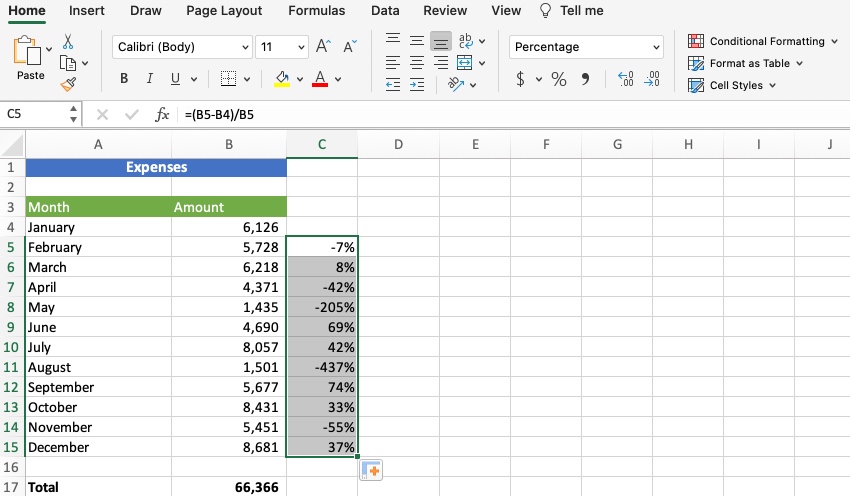 Change percentage formula in Excel