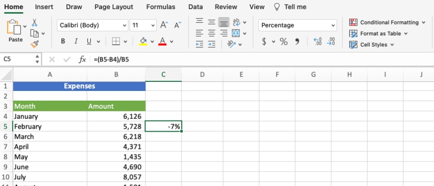 Percent change formula Excel