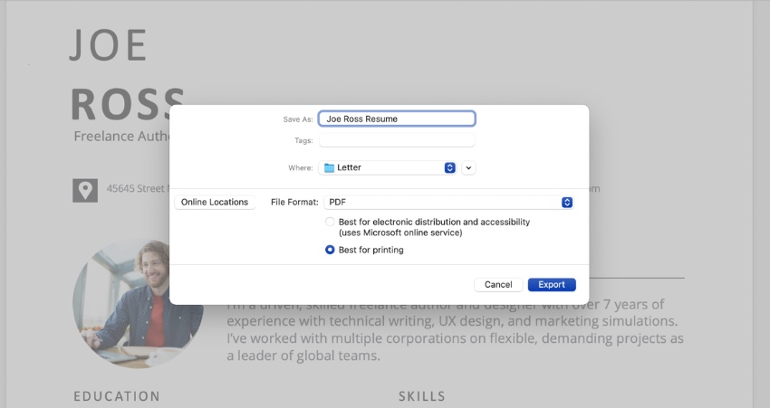 Save resume format Word file