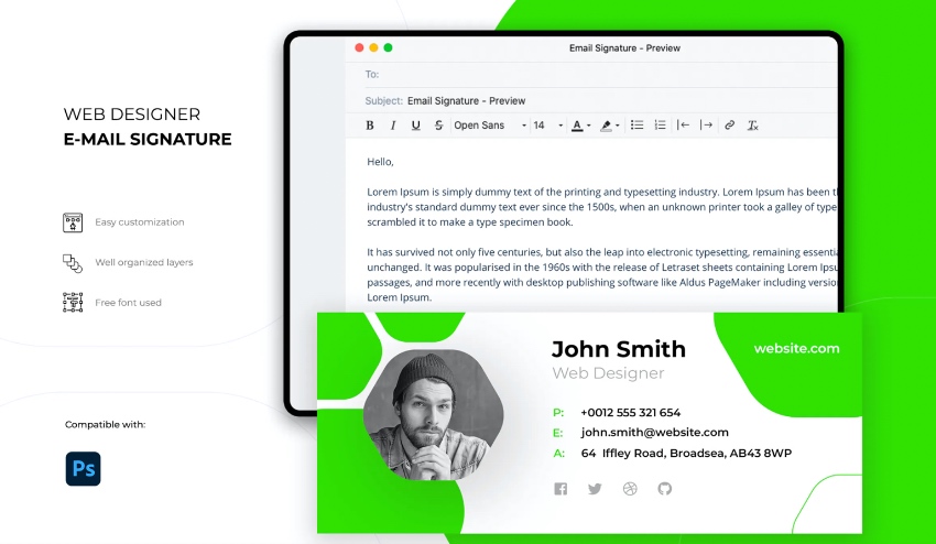 Descarga la increíble Firma de Correo Electrónico para diseñador web de Envato Elements hoy