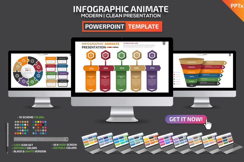 Los diseños en estas infografías para presentación de PowerPoint te ayudan a construir sorprendentes ayudas visuales rápidamente.