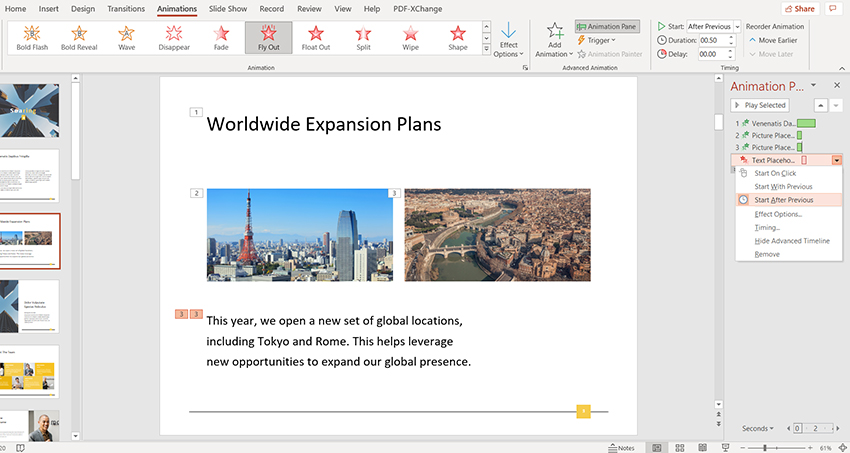 How to change the animation start option to after previous