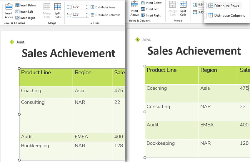 Distribute rows PowerPoint featurs