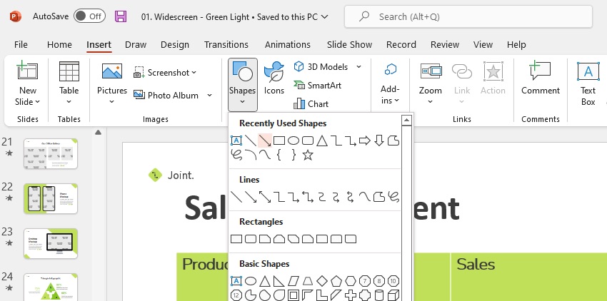 Insert shapes MS PPT features